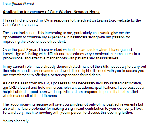 Example of a cover letter for a social work position