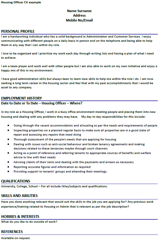 Housing Officer CV Example Learnist