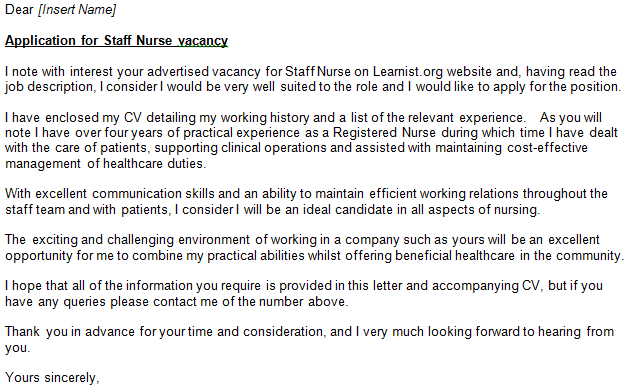 cover letter for job application for nurse