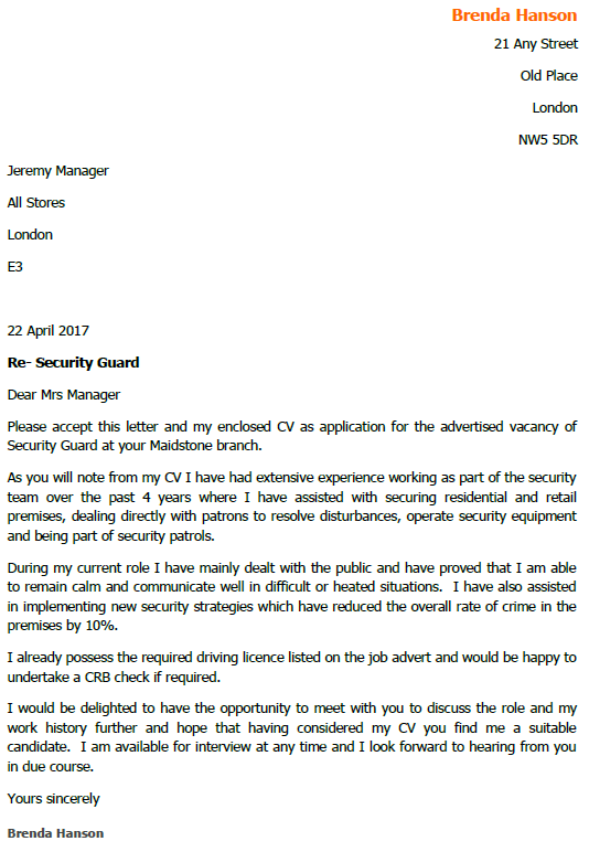 application letter for security guard with experience