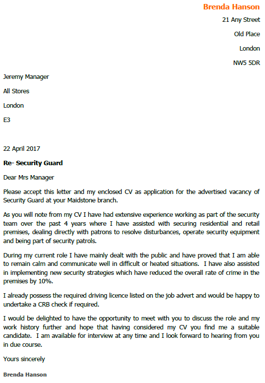 Security Guard Job Application and Cover Letter Example ... (569 x 321 Pixel)