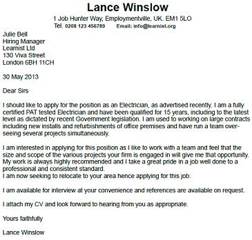 application letter sample for electrician