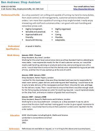 Shop Assistant CV Example - Learnist.org