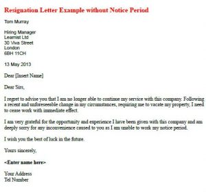 Resignation Letter Example Without Notice Period - Learnist.org