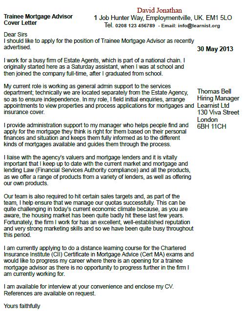 trainee mortgage advisor cover letter