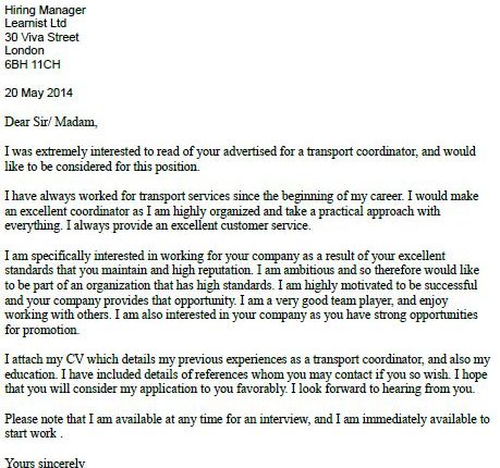 cover letter for transport coordinator