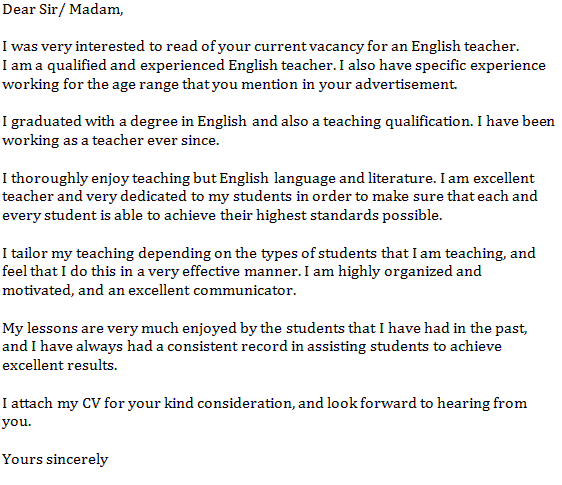 English Teacher Cover Letter Example Learnist