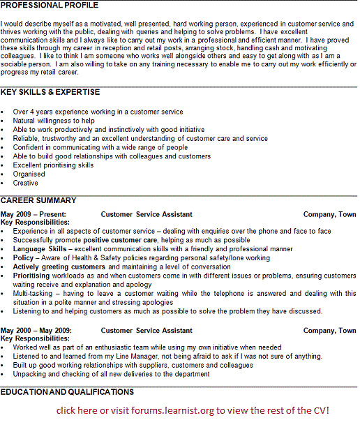 example personal statement cv customer service