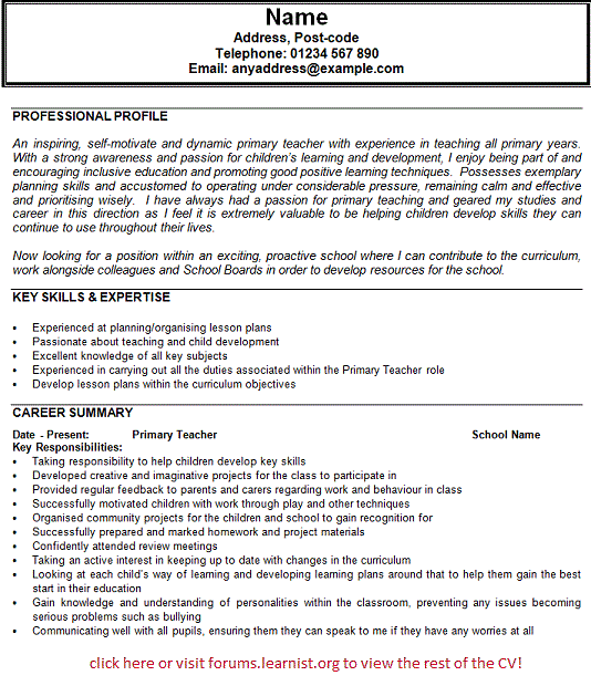 Primary Teacher CV Example Learnist