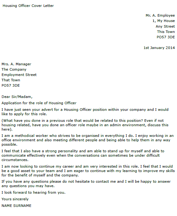 Housing Officer cover letter example