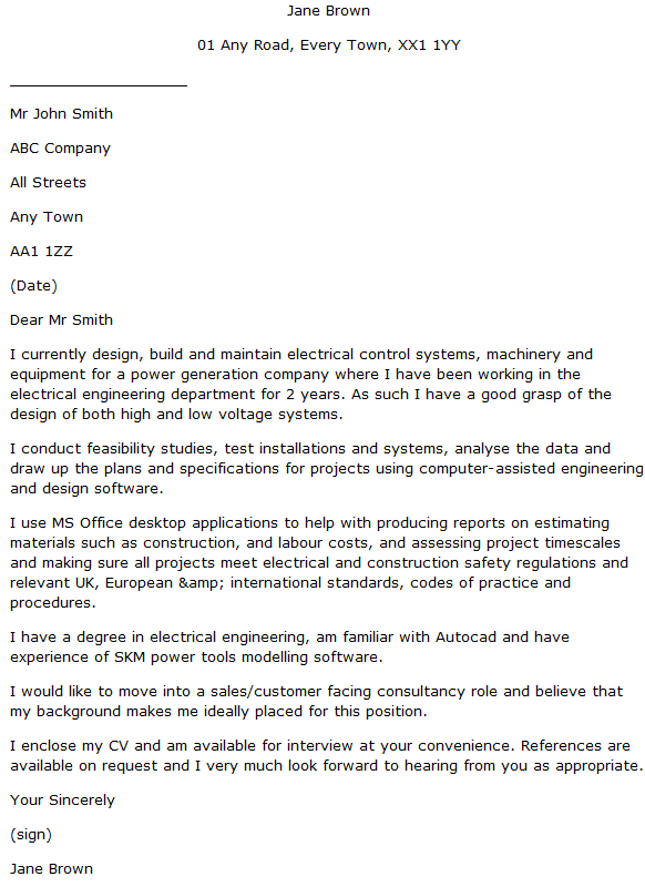 cover letter electrical engineer sample