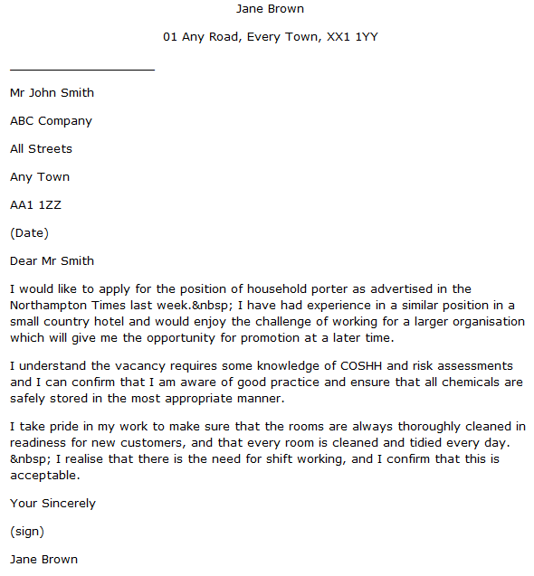 application letter for a hotel porter