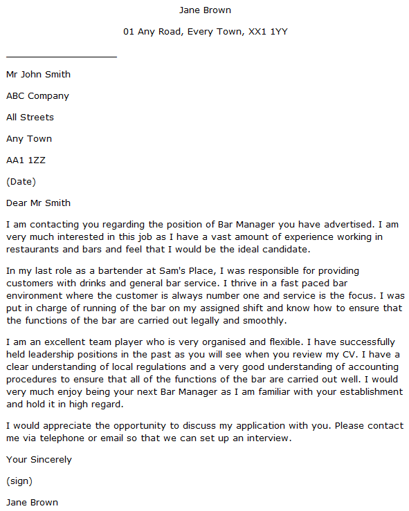 cover letter for bar staff no experience