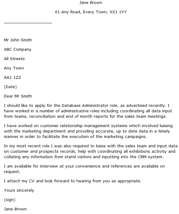 database administrator cover letter no experience