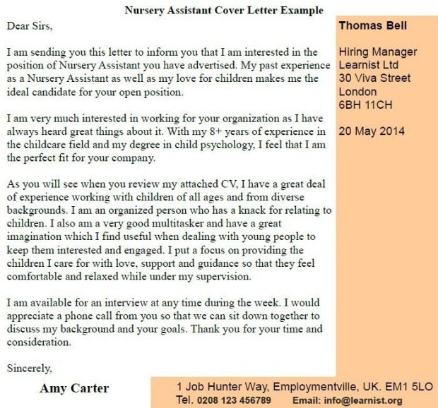 Nursery Assistant Cover Letter Example Learnist