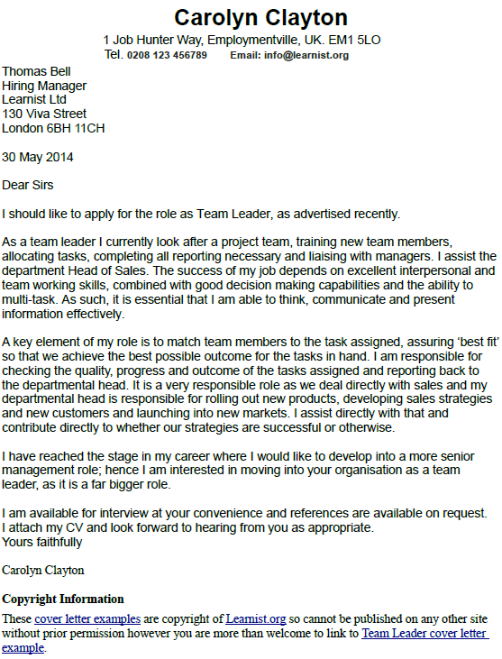 leadership position cover letter for team leader position