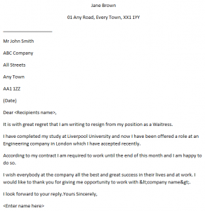 Waitress Resignation Letter Example - Learnist.org