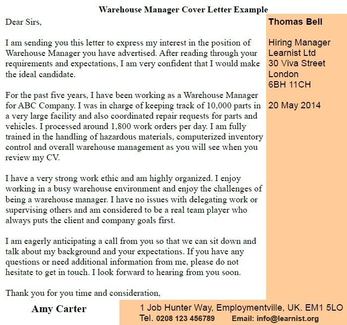 sample warehouse worker cover letter