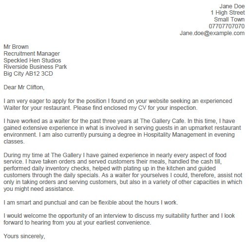 letter of application for a job waiter